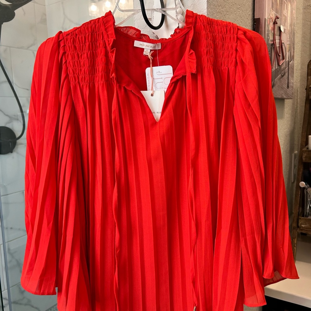 Skies Are Blue Vibrant Red Pleated Blouse  NWT